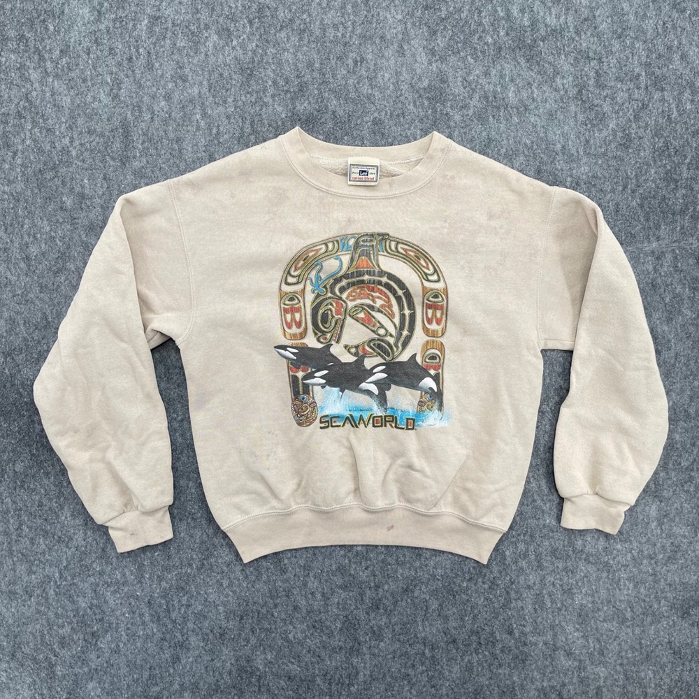 Vintage SeaWorld Sweater Youth Boys Large Orca Totem Art Sweatshirt Tan Lee